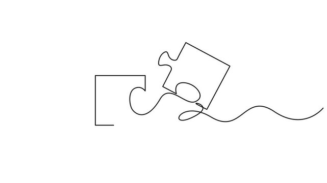 Self animated single continuous line drawing of two interlocking jigsaw puzzle. 4K video animation