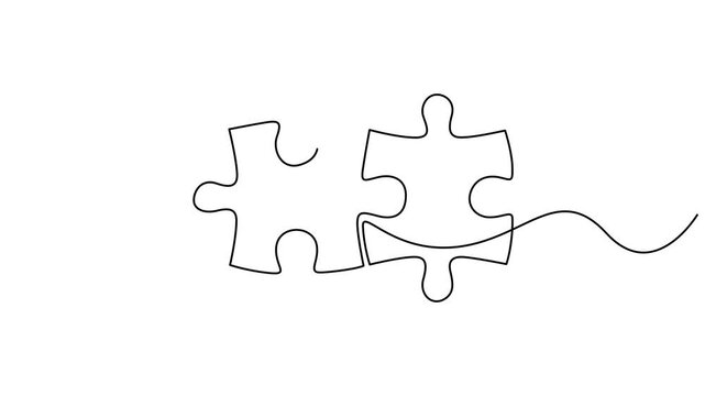 Self animated single continuous line drawing of two interlocking jigsaw puzzle. 4K video animation