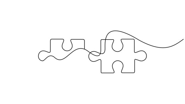 Self animated single continuous line drawing of two interlocking jigsaw puzzle. 4K video animation