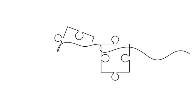 Self animated single continuous line drawing of two interlocking jigsaw puzzle. 4K video animation