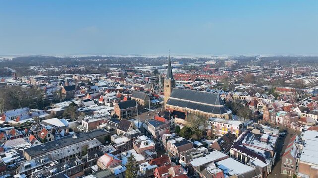 Aerial view of historic church tower in Europe