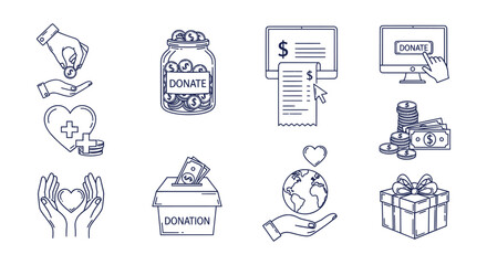 Fototapeta premium Charity Donation Financial Giving Money Support Philanthropy Volunteer Fundraising Line Art Icons Set