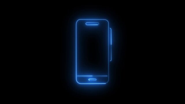 Glowing neon mobile phone icon animation. Smartphone with upload icon. Neon outline of a smartphone within neon lights mobile device