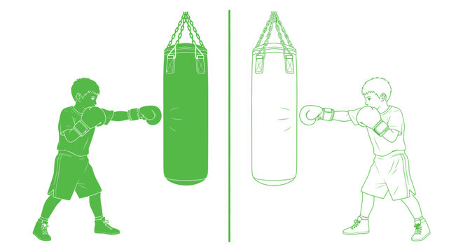 Boy boxing a punching bag, showing dedication and training in a simple graphic style.