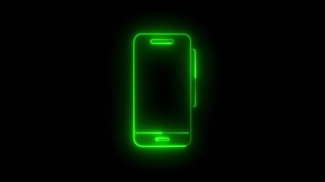 Glowing neon mobile phone icon animation. Smartphone with upload icon. Neon outline of a smartphone within neon lights mobile device
