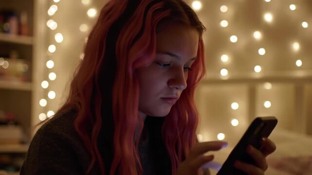 Woman with Red Hair Using Smartphone at Night.