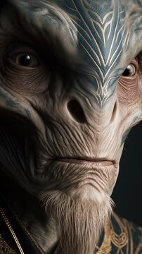 Close up portrait of detailed reptilian alien face with textured skin and futuristic tribal patterns