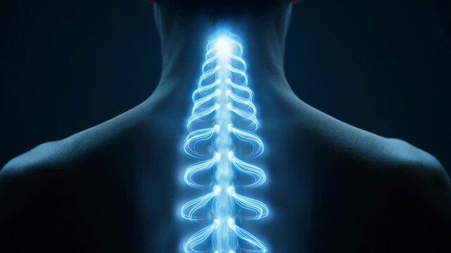 Glowing digital spine on human back