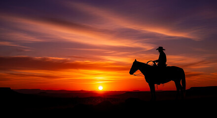 Silhouette of a cowboy on horseback against a vibrant sunset sky