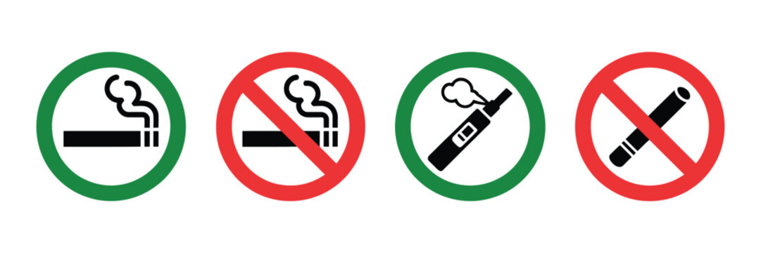 Smoking and Vaping Prohibition Signs Showing Cigarettes and Electronic Cigarettes with Red Cross, Indicating No Smoking and Vaping Allowed Areas, Safety Regulations, and Designated Zones in Vector Sty