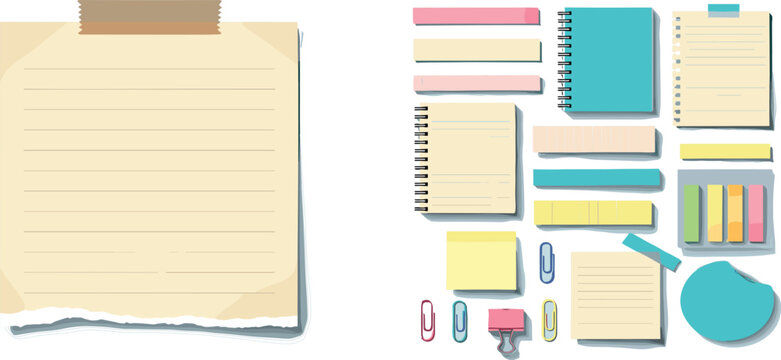 Office Stationery and Notepad Collection with Spiral Notebooks, Sticky Notes, Paper Clips and Tape, Realistic Workspace Vector Set