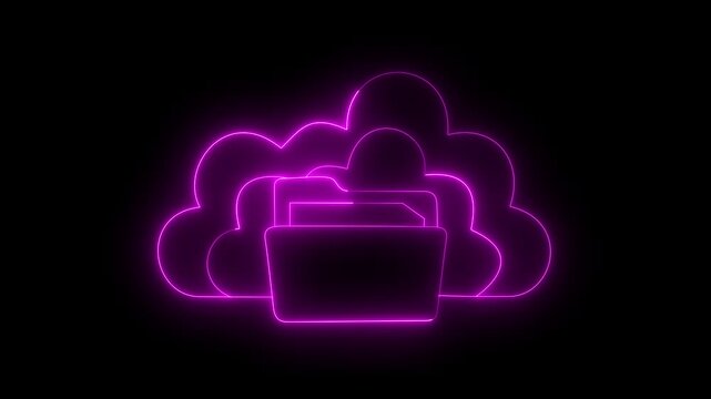 Neon cloud and folder icon representing cloud storage on black background. Cloud computing and file management concept with bright neon icons. Digital data storage and network backup illustration.