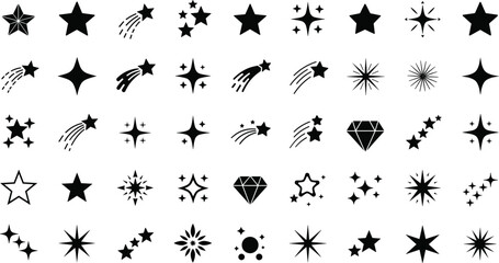 Black Star and Sparkle Icons Set with Shooting Stars Twinkle Effects Diamond Shapes and Decorative Night Sky Symbols Vector Collection © Kulsum