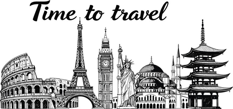 Detailed Vector Sketches of Eiffel Tower Colosseum Statue of Liberty and Big Ben for International Travel and Tourism Branding