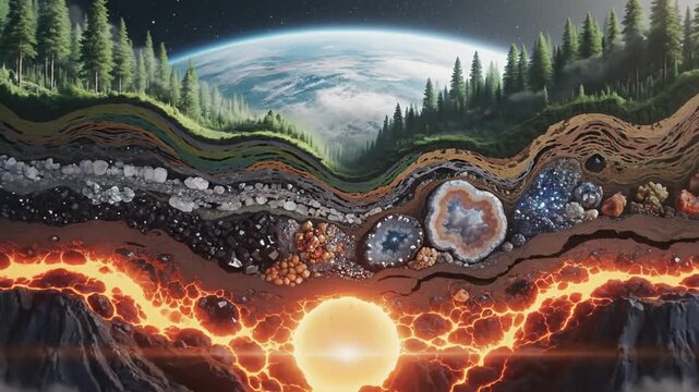 Layered cross section of earth beneath forest landscape revealing colorful strata and mineral textures
