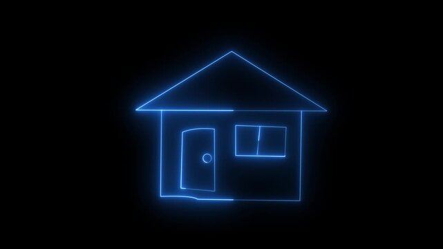 Glowing neon home button icon animation. Neon house icon. Glowing neon line home animation. Dark background.