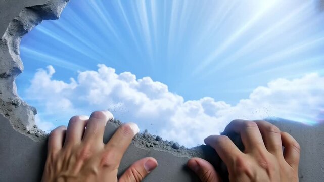 Hole in concrete wall revealing bright sky with clouds sunlight rays