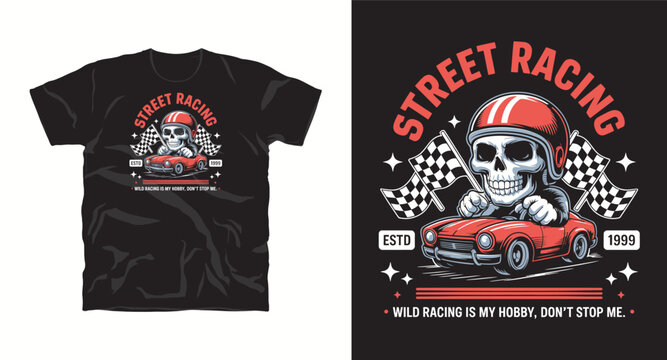 Street racing skull driver vector illustration for tshirt design with vintage car and flags