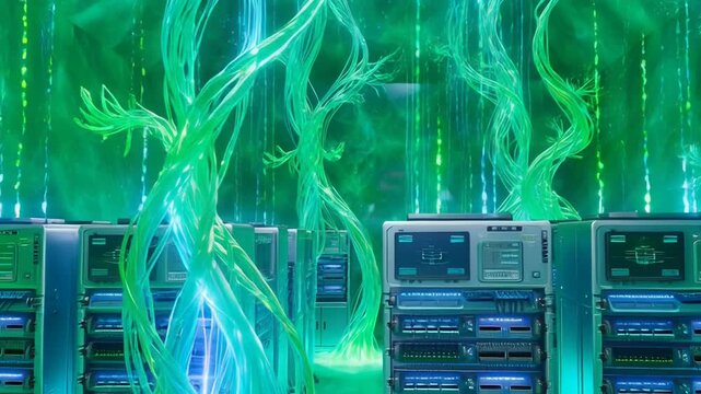 Servers in futuristic green data center with glowing networks