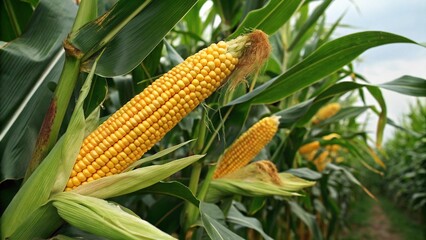 Fresh organic yellow sweetcorn on the cob with green husk and leaf isolated on a white background
