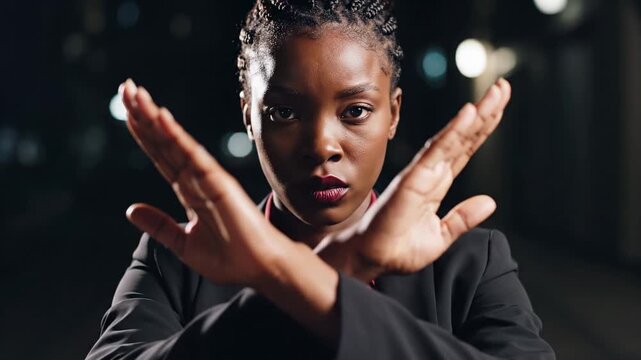 Confident Woman Crossing Arms, Making a Stop Gesture, Portrait.