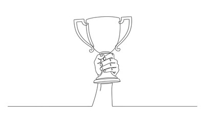 Continuous one line drawing of hand holds trophy cup competition. Victory, and achievement from the contest. The theme is victory and awards.