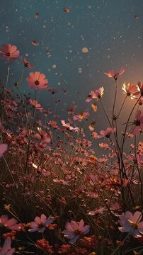 Pink Flowers Falling in a Field.