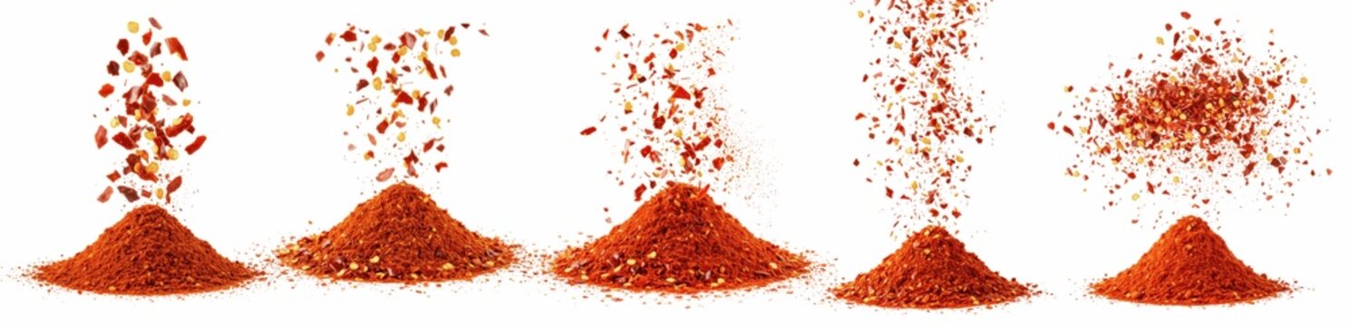 Red Chili Powder Falling PNG Isolated on White Set Spicy Paprika Crushed Pepper Flakes Pouring Down Seasoning Condiment Cooking Ingredient Hot Spice Food Graphic