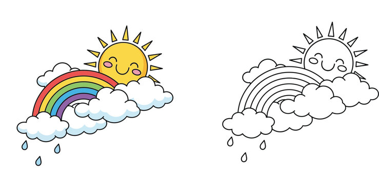 Kawaii weather illustration with smiling sun, rainbow, clouds, and raindrops. Includes colorful and black-and-white coloring page versions.