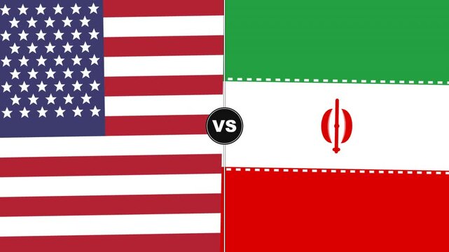 Graphic illustration of the flags of America and Iran side by side with a 'vs' symbol in between, symbolizing a comparison or opposition between the two countries in a patriotic and