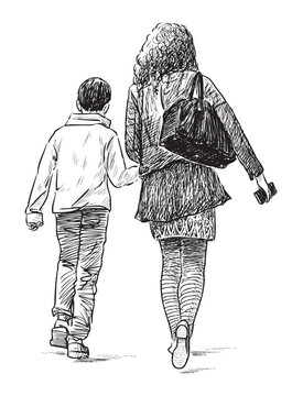 Young mother with son walking along street, casual city pedestrians, realistic sketch, vector hand drawn illustration isolated on white background