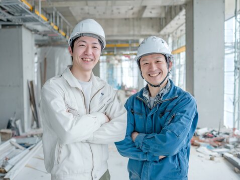 建設現場で腕組みをしながら笑顔で並び立つ作業服姿の若い男性作業員二人のツーショット