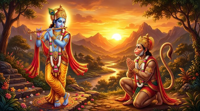 Krishna playing flute with hanuman devotion hinduism spiritual art god wallpaper background image