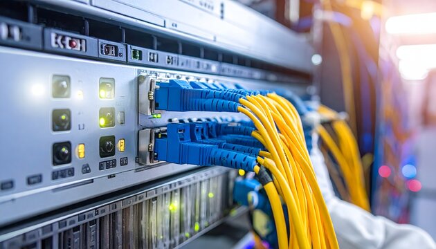 Industrial networking background featuring gloved hands managing ethernet cables and switches for secure database storage and enterprise level information technology services equipment