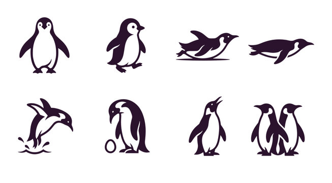 Black and white penguin silhouettes set showing various poses like swimming jumping and standing, flat vector animal icons for logo and educational design