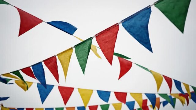 Colorful triangular bunting flags flutter gently against a bright sky, creating