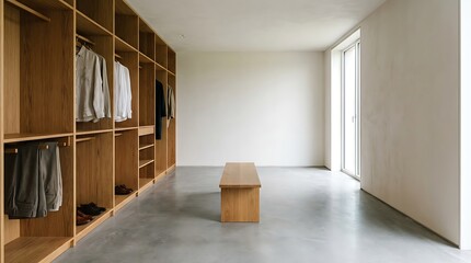 Fototapeta premium Modern Minimalist Walk-In Closet with Open Shelving and Natural Light.