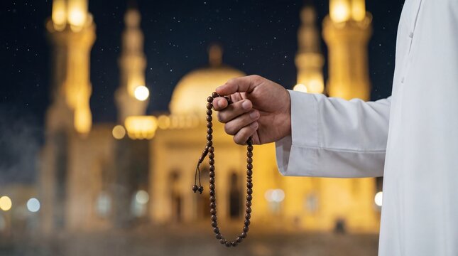 Muslim man holding tasbih prayer beads with an illuminated mosque in the background at night.