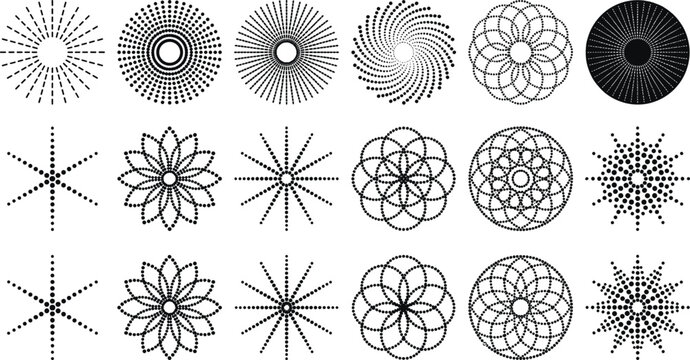Set of Geometric Dotted Mandala and Sunburst Icons, Black Circular Ornaments and Radial Patterns, Vector Illustration for Creative Graphic Design,