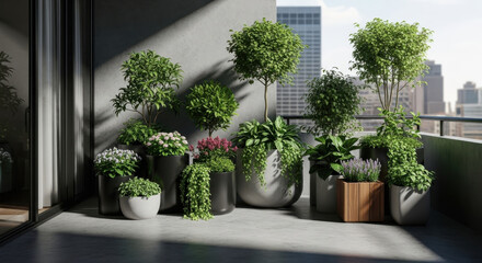 Fototapeta premium Modern Balcony Garden Oasis with Lush Green Plants and Cityscape View