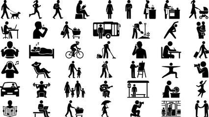 Obraz premium Collection of human silhouettes in various daily life situations and actions isolated on white background 