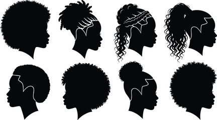 African women profile silhouettes vector collection isolated on white background, diverse black female hairstyles set for design © MdSoidur