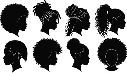 African woman profile silhouettes vector set isolated on white background, diverse black female hairstyles collection for design © MdSoidur
