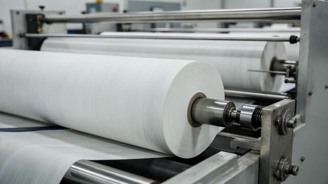 Medium shot focusing on twoply tissue logs undergoing roll slitting showcasing layered texture and highspeed production line efficiency.