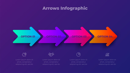 4 Step Arrow Process Infographic Horizontal Directional Ribbon Segments with Gradient Blocks on Dark Background