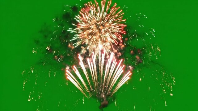 Vibrant white and red fireworks explode in a fan shape against a green screen backdrop, creating a festive celebration effect.
