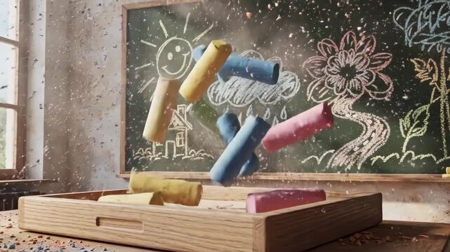 Surreal Silliness Unfolds as Colorful Chalk Defies Gravity on a Wooden Tray in a Whimsical Classroom Setting with Chalkboard