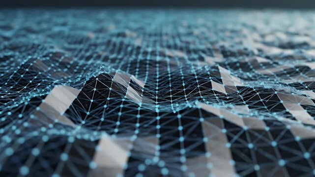 Abstract, low-poly landscape with interconnected nodes, rendered in shades of blue and gray