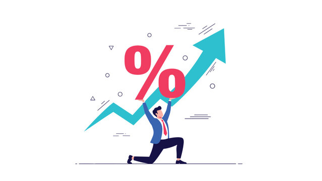 Strong businessman lifting giant red percentage symbol and rising arrow to illustrate financial growth and increasing interest rates.