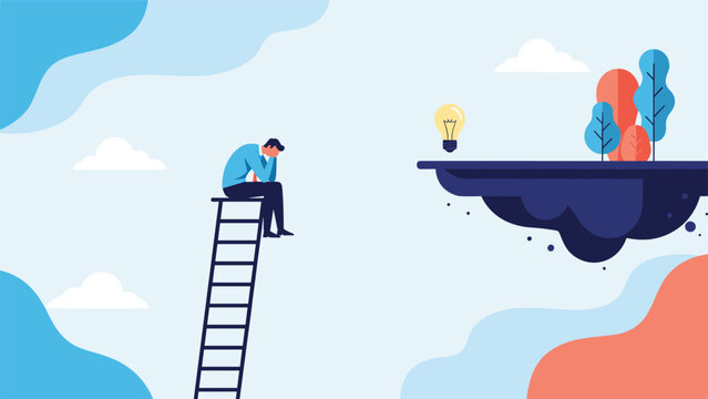 Frustrated man sitting on top of a tall ladder unable to reach a creative idea sitting on a high floating island nearby.